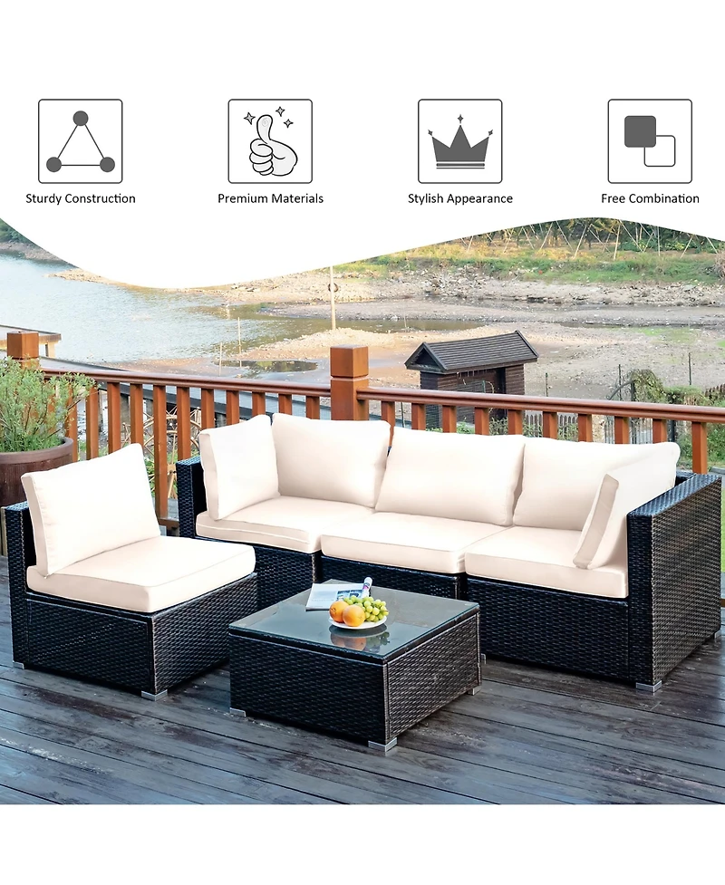 5PCS Patio Rattan Furniture Set Cushioned Sofa Chair Coffee Table