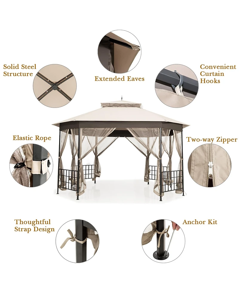 Costway 10'x12' Patio Gazebo Canopy Shelter Double Top Netting Sidewalls