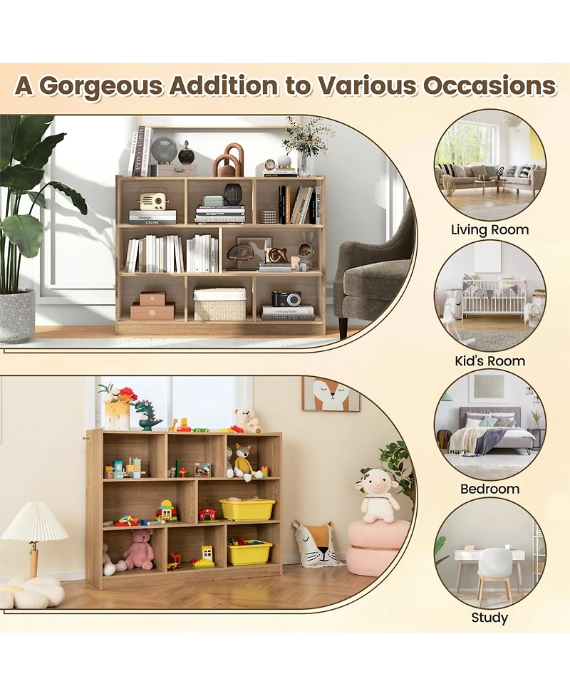 8 Cube 3-Tier Open Wooden Bookshelf Toy Storage Organizer with Anti-toppling Kits