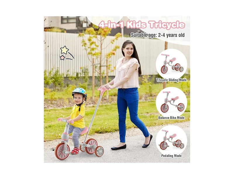Kids Trike Bike 4-in-1 with Push Handle and Height-Adjustable Seat for Growing Kids