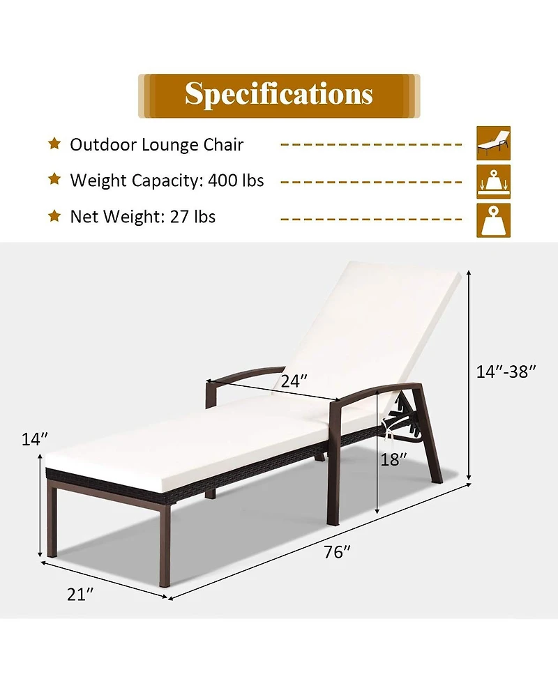 Inolait Outdoor Adjustable Reclining Patio Rattan Lounge Chair with Backrest