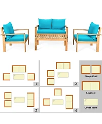 Gymax 8PCS Patio Acacia Wood Conversation Furniture Set w/ Turquoise Cushions