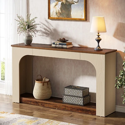 Tribesigns 55-Inch Console Table with Led Lights, Farmhouse 2-Tier Narrow Sofa Table with Storage, Wood Foyer Entryway Behind Couch Table for Living R