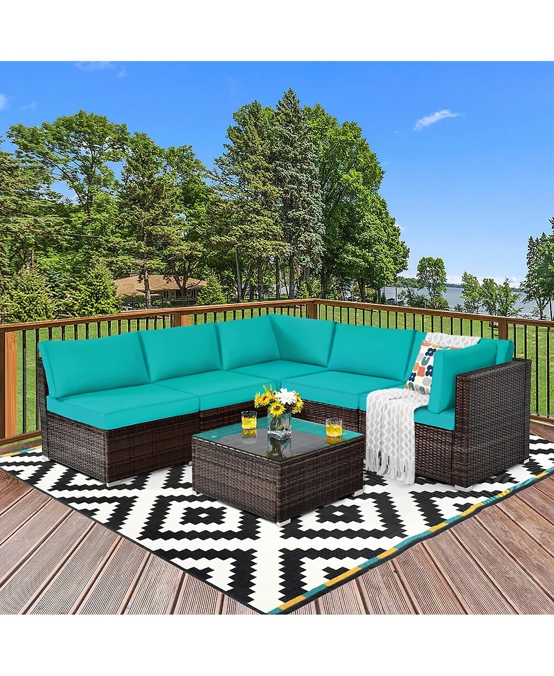 Gymax 6PCS Rattan Outdoor Sectional Sofa Set Patio Furniture Set w/ Turquoise Cushions