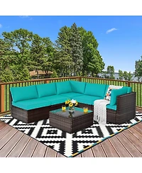 Gymax 6PCS Rattan Outdoor Sectional Sofa Set Patio Furniture Set w/ Turquoise Cushions