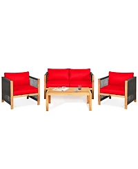 Gymax 4PCS Acacia Wood Outdoor Patio Furniture Conversation Set W/ Red Cushions