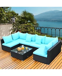 Gymax 7PCS Rattan Patio Conversation Set Sectional Furniture Set w/ Cushion