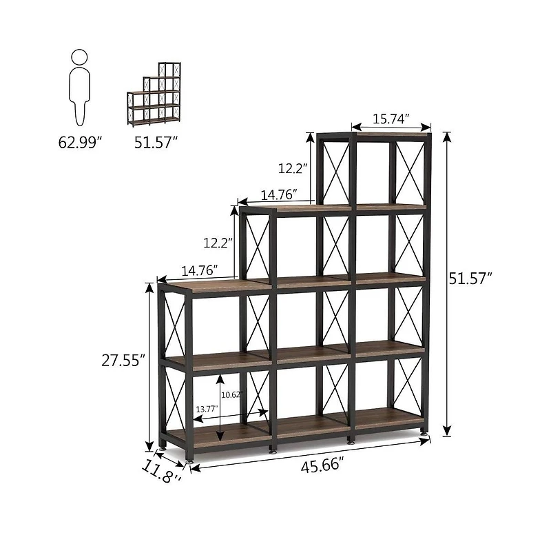 Tribesigns 12 Shelves Bookshelf, Industrial Ladder Corner Bookshelf 9 Cubes Stepped Etagere Bookcase, 5-Tier Display Shelf Storage Organizer for Home