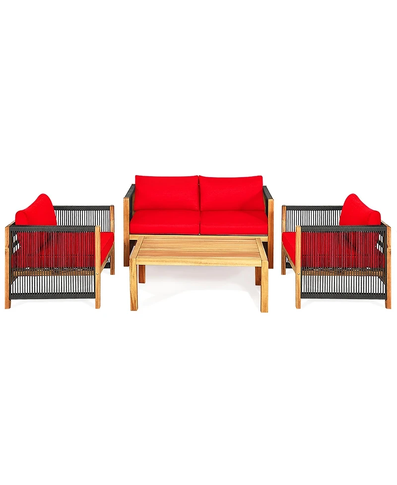 Gymax 8PCS Acacia Wood Outdoor Patio Furniture Conversation Set W/ Red Cushions