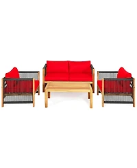 Gymax 8PCS Acacia Wood Outdoor Patio Furniture Conversation Set W/ Red Cushions