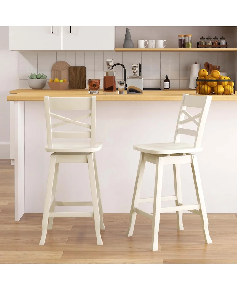 2 Pcs 24" Counter Height Stool Rubber Wood Swivel Bar with Inclined Backrest