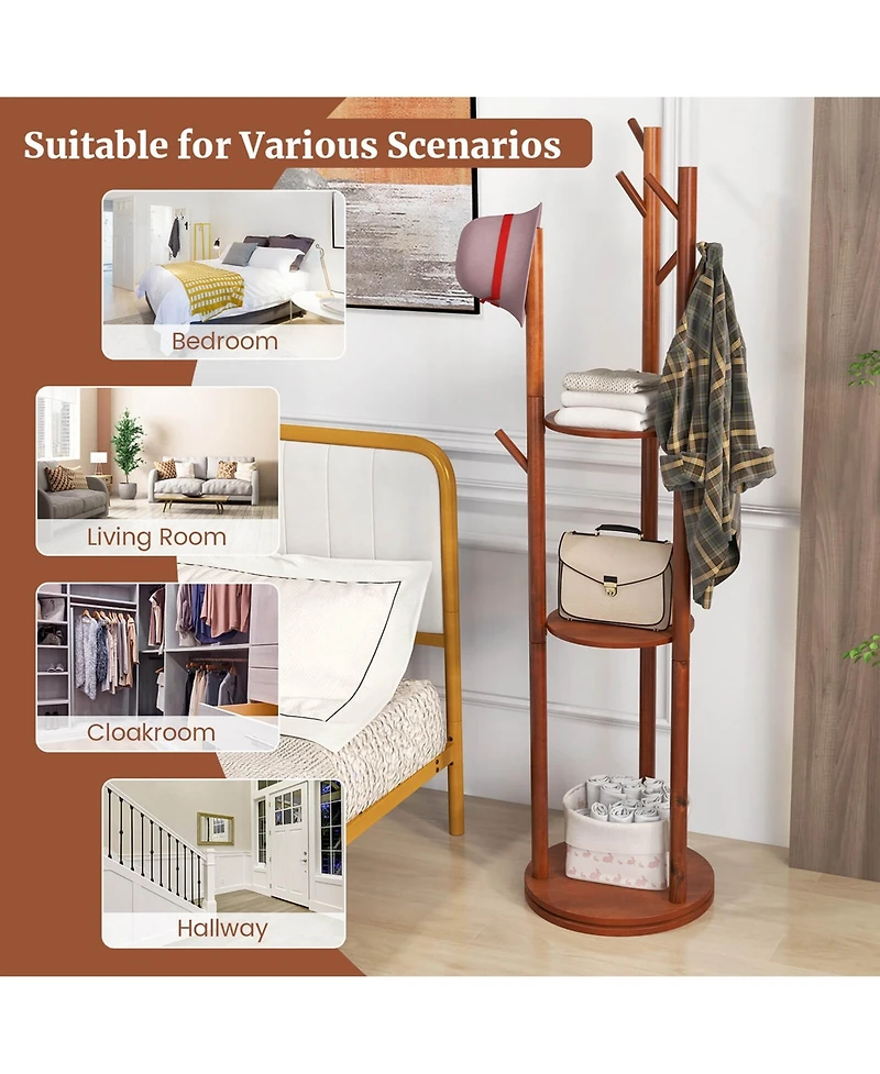 Freestanding Wooden Coat Tree 360° Rotary Coat Rack with 3 Display Storage Shelves