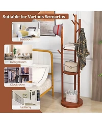Freestanding Wooden Coat Tree 360° Rotary Coat Rack with 3 Display Storage Shelves