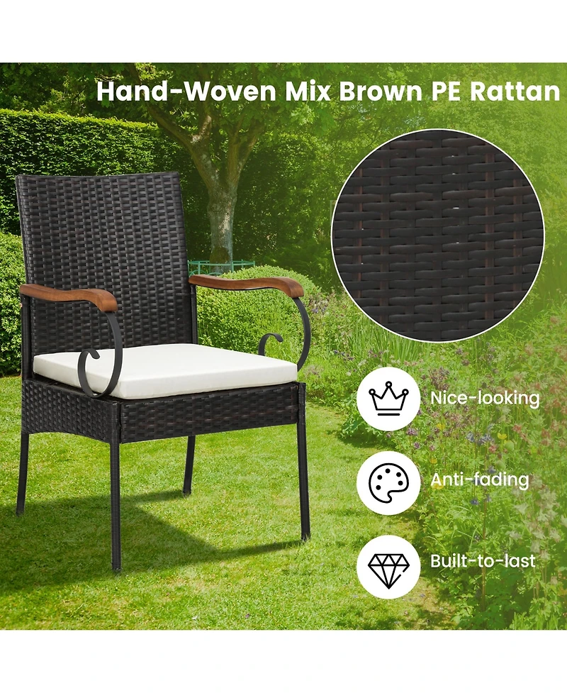 4PCS Patio Pe Wicker Chairs Acacia Wood Armrests with Soft Zippered Cushion Garden