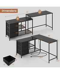 L-shaped Computer Desk with Power Outlet, Drawers, Metal Mesh Shelves