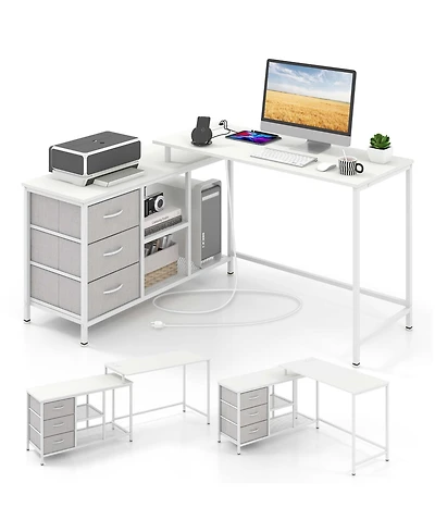 L-shaped Computer Desk with Power Outlet, Drawers, Metal Mesh Shelves