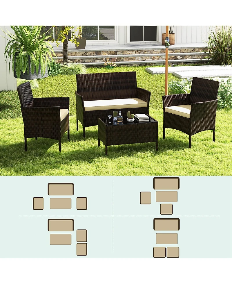4 Pcs Patio Furniture Set with Washable Cushions and Tempered Glass Coffee Table