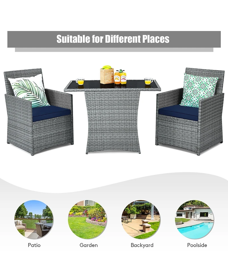 3PCS Patio Rattan Furniture Set Cushioned Sofa Armrest Garden