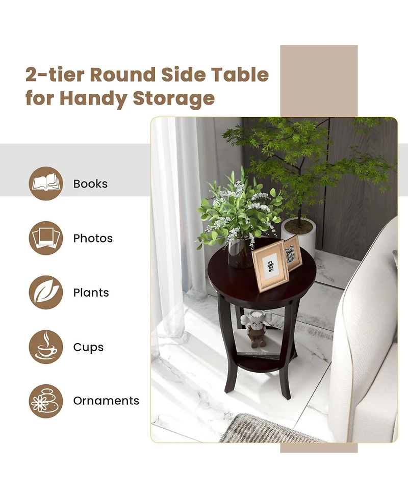 2-Tier End Table 18'' Round Compact Sofa Side Nightstand with Storage Shelf