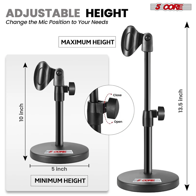 5 Core 3n1 Mic Stand Desk Adjustable Table Microphone Stands w Phone Holder Mic Clip