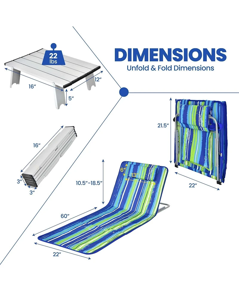 Inolait 3 Pieces Beach Lounge Chair Mat Set 2 Adjustable Lounge Chairs with Table Stripe