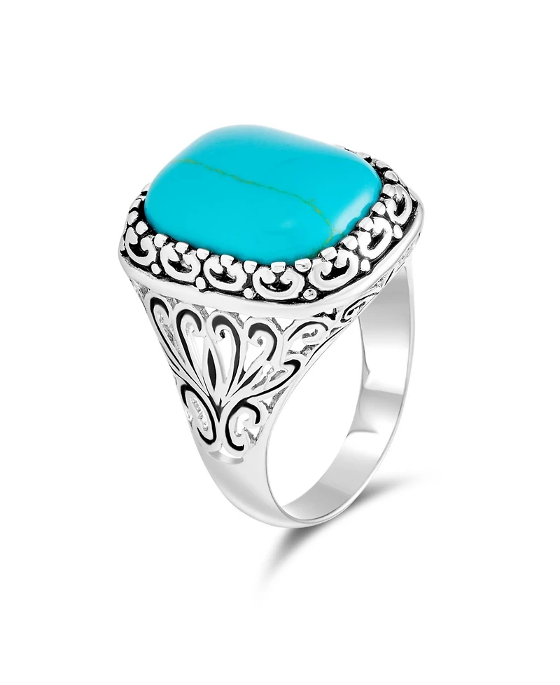 Bling Jewelry Large Rectangle Cabochon Milgrain Set Blue Natural Turquoise Western Statement Ring Filigree Scroll Band Sterling Silver
