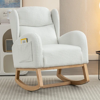 Streamdale Teddy Fabric Rocking Chair With Packet Wood Legs, Ivory