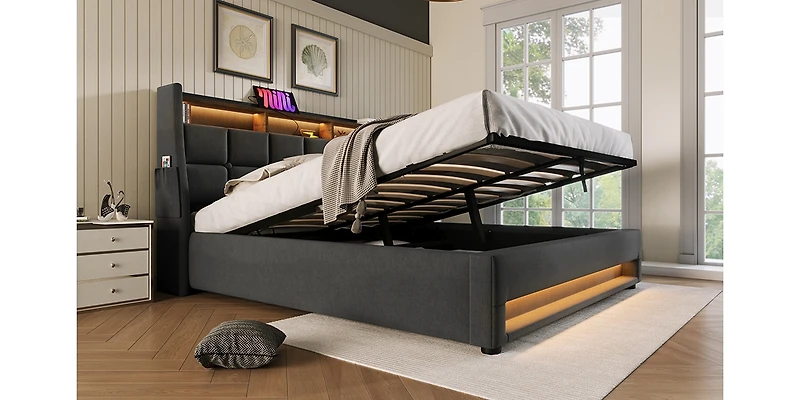 Streamdale Grey Upholstered Platform Bed with Storage and Led