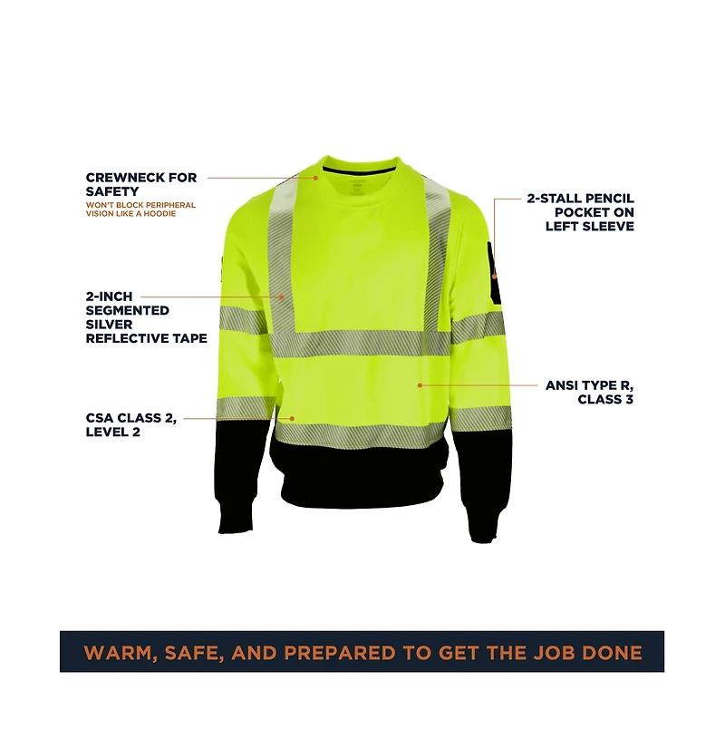 RefrigiWear Men's HiVis Crewneck Sweatshirt with Reflective Tape - High Visibility Safety Pullover