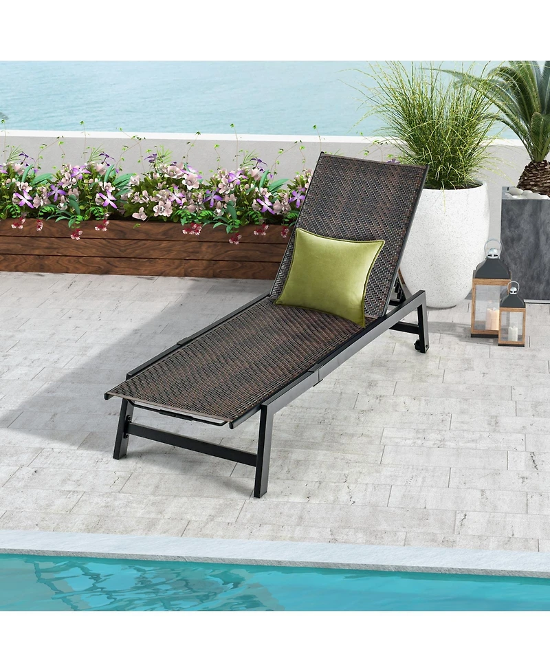 Slickblue Patio Pe Rattan Chaise Lounge with 5-Level Backrest and Wheels-Brown