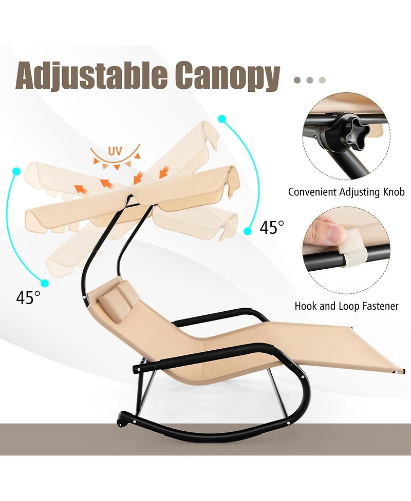 Slickblue Outdoor 2 Persons Rocking Chaise Lounge with Canopy and Wheels-Beige