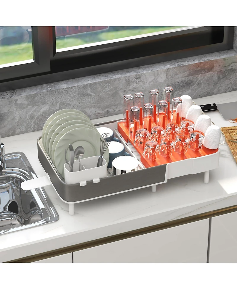 Slickblue Expandable Dish Drying Rack Adjustable Dual-Part Dish Drainer with Detachable Utensil Holder