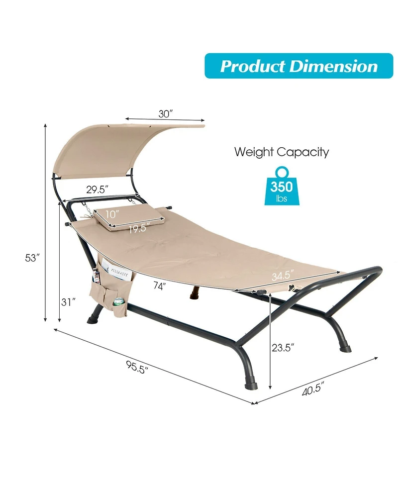 Slickblue Patio Hanging Chaise Lounge Chair with Canopy Cushion Pillow and Storage Bag