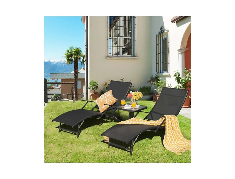 Slickblue 2 Pieces Patio Folding Stackable Lounge Chair Chaise with Armrest-Black