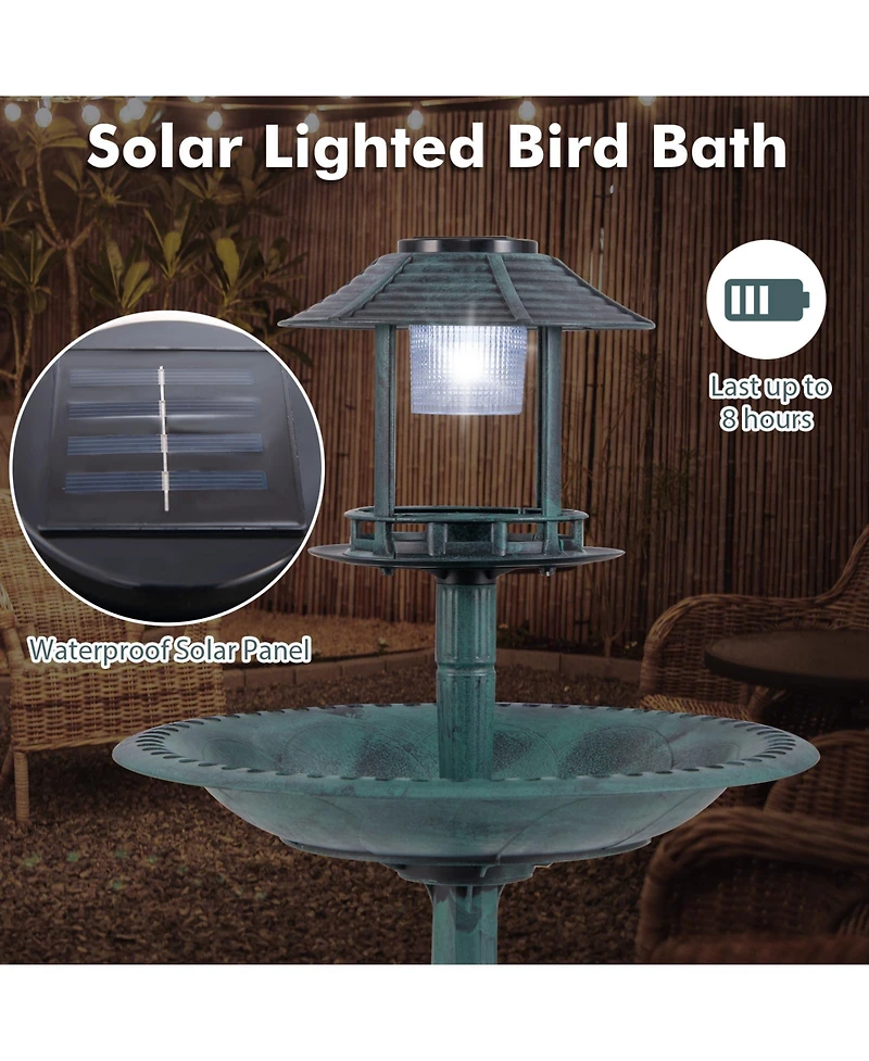Slickblue Pedestal Bird Bath with Solar Light with Bird Feeder and Flower Planter