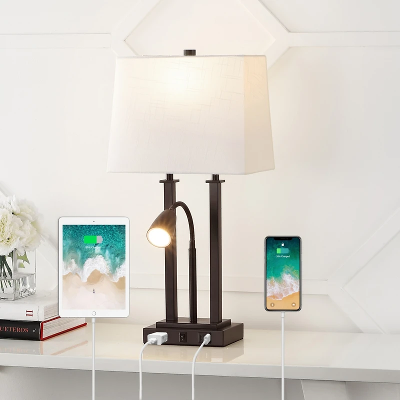 Jonathan Y Blaire 23.75" 2-Light Modern Farmhouse Metal Led Table Lamp with Usb Charging port, Adjustable Reading Light and Ac Outlet, Oil Rubbed Bron