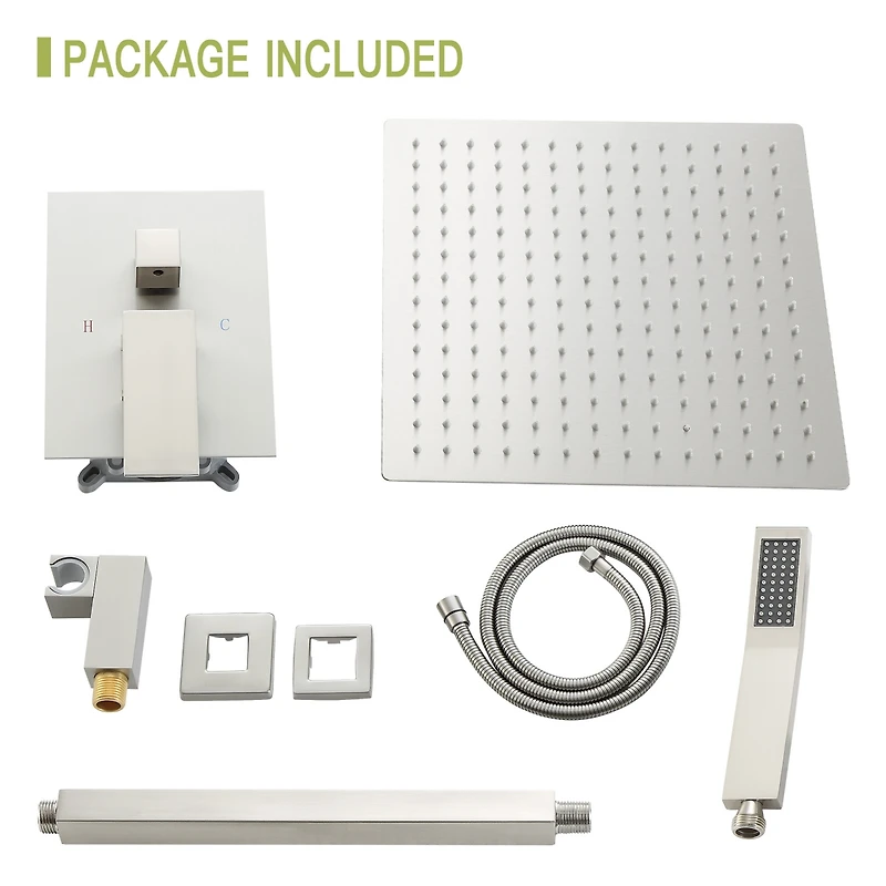 Ceiling Shower Set - 12 Inch Square Shower Set, Dual Shower Heads, Brushed Nickel