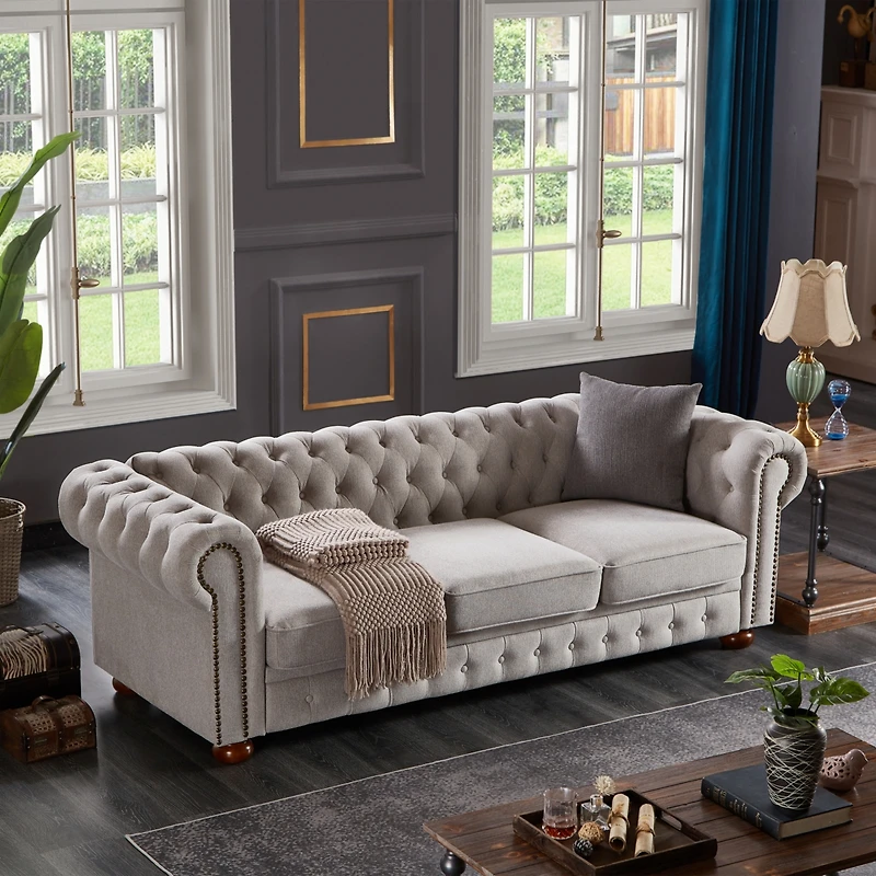 Streamdale Furniture Chesterfield Sofa In Linen Fabric (Light Grey)