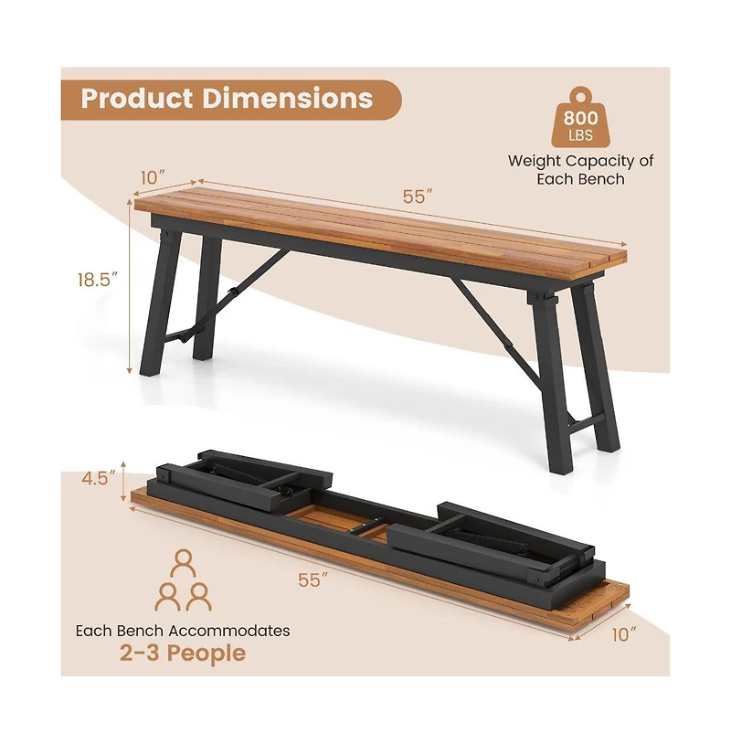 Slickblue Folding Picnic Bench Set Rectangular Acacia Wood Dining Camping Bbq Benches