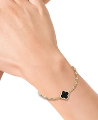 Effy Onyx, White Topaz (1 ct. t.w.) & Diamond (1/8 ct. t.w.) Clover Link Bracelet in 14k Gold
