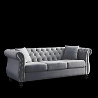 Streamdale Grey Velvet Tufted 3-Seater Sofa with Pillows