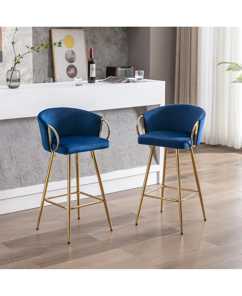 Streamdale Blue Velvet Bar Stools with Gold Legs (Set of 2)