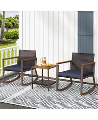 3 Pcs Patio Rattan Rocking Chair Bistro Set Armrest Cushion Table with Storage Shelf