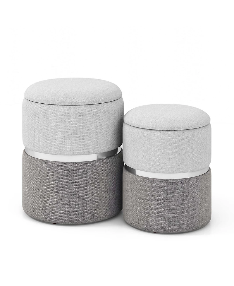 Costway Linen Fabric Storage Ottoman Set of 2 Modern Round Ottoman with Storage for Bedroom