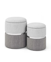 Costway Linen Fabric Storage Ottoman Set of 2 Modern Round Ottoman with Storage for Bedroom