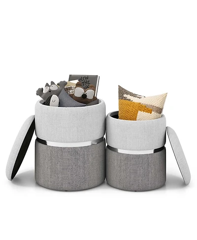 Costway Linen Fabric Storage Ottoman Set of 2 Modern Round Ottoman with Storage for Bedroom