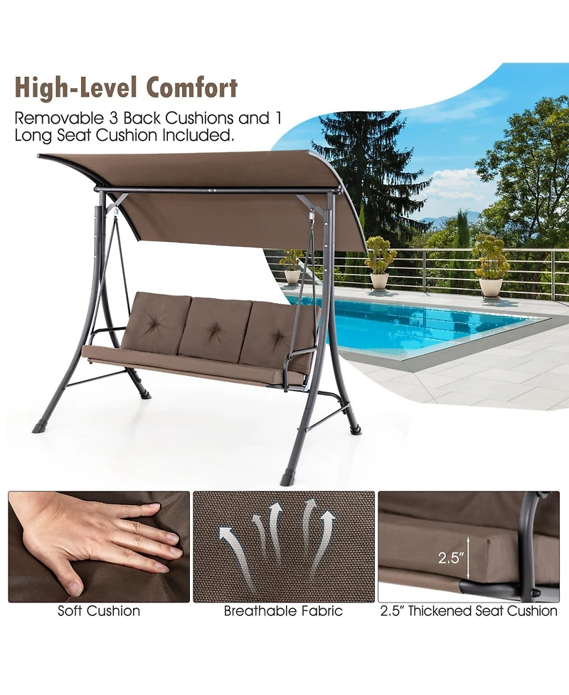 3-Seat Outdoor Porch Swing Adjustable Canopy Padded Cushions Steel Frame