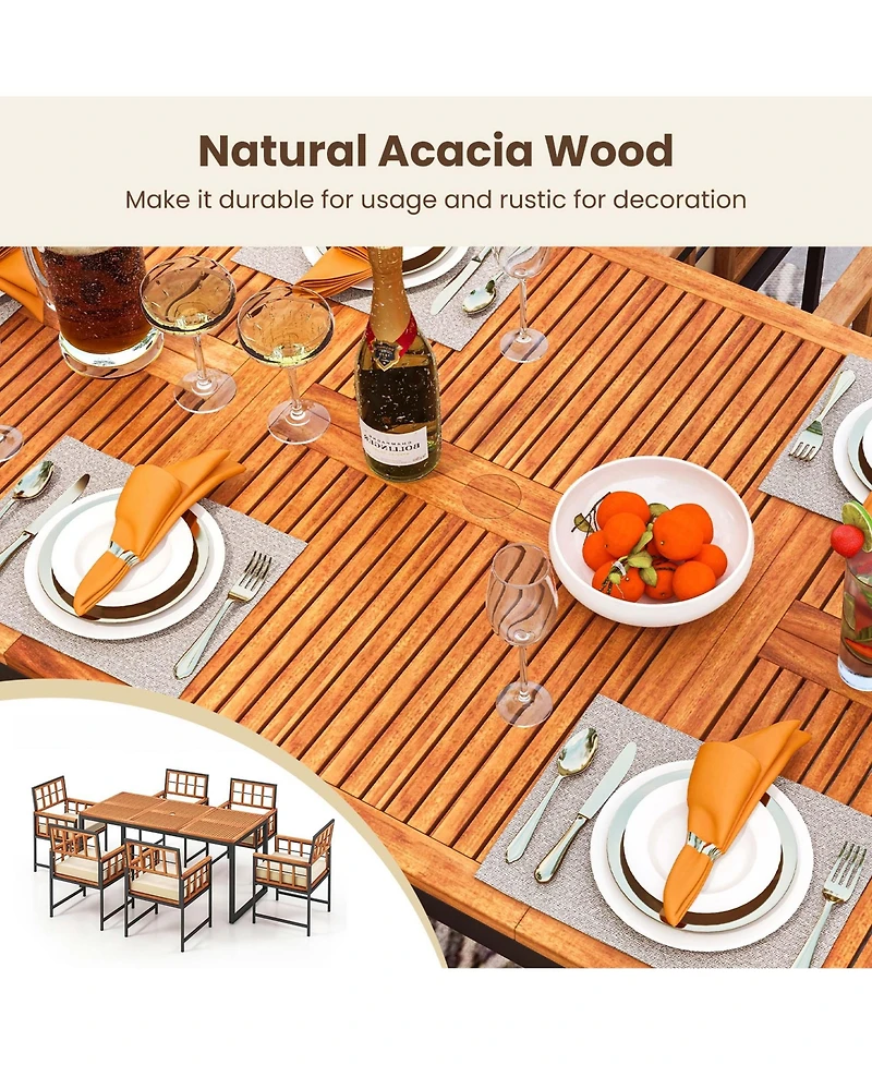 Costway 7 Pcs Patio Dining Set Outdoor Acacia Wood Table with Soft Cushions Umbrella Hole