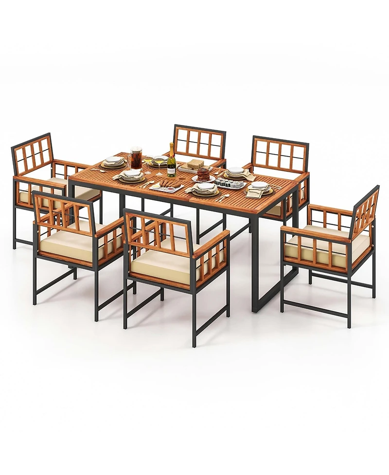 Costway 7 Pcs Patio Dining Set Outdoor Acacia Wood Table with Soft Cushions Umbrella Hole