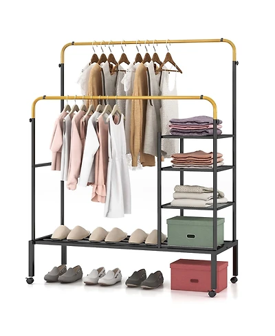 Costway Rolling Clothes Drying Rack Double Rods Garment with Height Adjustables